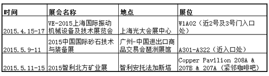 2015年，南昌礦機將陸續參加以下展會活動，歡迎各位新老客戶蒞臨指導！